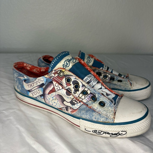 Ed Hardy Vtg Y2K Shoes Death Or Glory Slip On Sneaker Cap Toe Art skulls - Picture 1 of 10